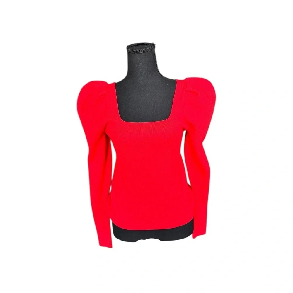 Banana Republic Red Puff Sleeve Square Neck Knit Top XS Valentine’s Romantic N54